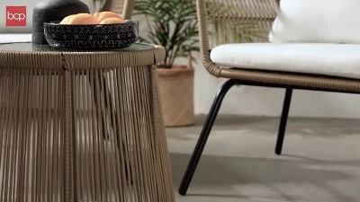 Gray and Navy Wicker 3-Piece Patio Bistro Set with Cushions and Glass Top Table