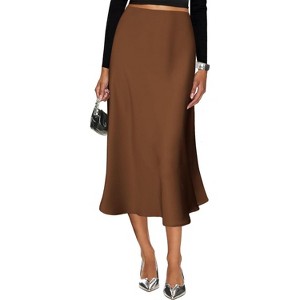 Cheetah Print Satin Midi Skirt - Women's High Waist A-Line Skirt with Elastic Waistband Brown - 1 of 4