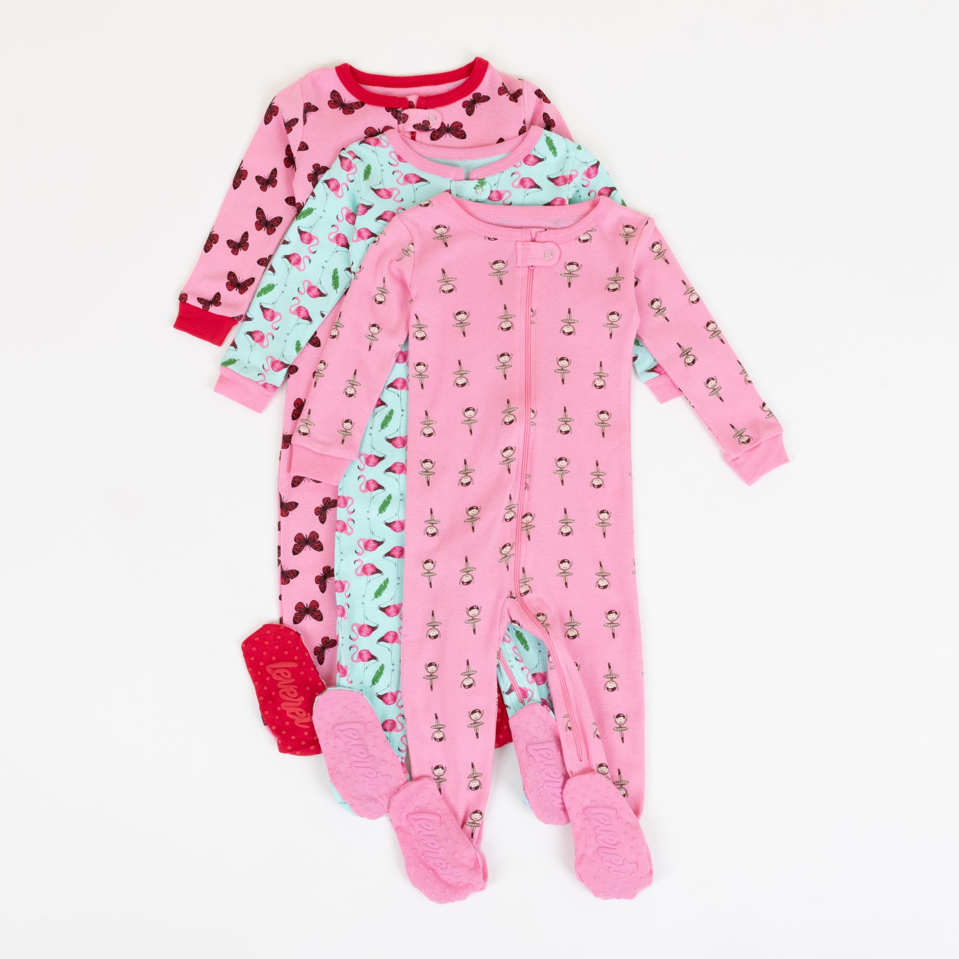 Leveret Girls Cotton Baby Footed Pajamas – 3 Pack – Dance & Flutter Sleepers