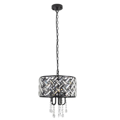 PAKOKULA Modern 5-Light Black Drum Chandelier with Glam Crystal Shade-Dimmable Hanging Light Fixture
