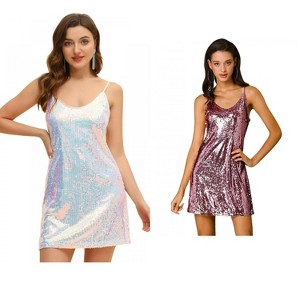 Allegra K Women's Glitter Sequin Spaghetti Strap V Neck Cocktail Sparkly Mini Dress 2 Packs - 1 of 4