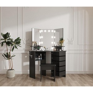Corner Vanity Desk with Mirror and Lights, White Makeup Vanity Desk with 5 Drawersand Adjustable Brightness, Corner Vanity Table with Stool - 1 of 4