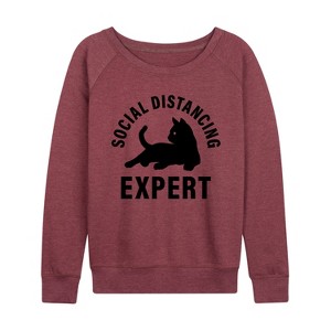 Women's - Instant Message - Cat Social Distancing Expert Lightweight French Terry Wide Neck Long Sleeve Graphic Shirt - 1 of 4