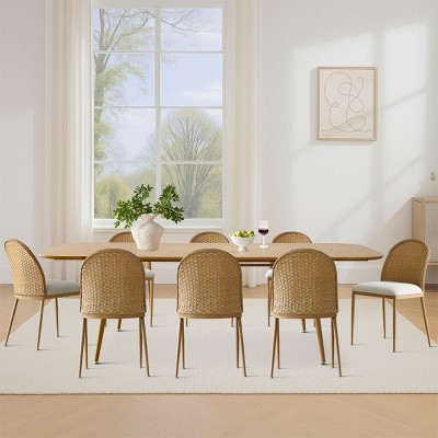 9-Piece Extendable Dining Table Set for 8, Removable Leaf Table with Beige Rattan Style Linen Chairs for Kitchen or Dining Room-Maison Boucle