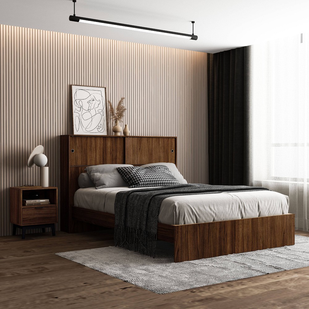 Polifurniture 3pc Queen Victoria Bedroom Set with Single Nightstand Walnut: Modern Design, Engineered Wood