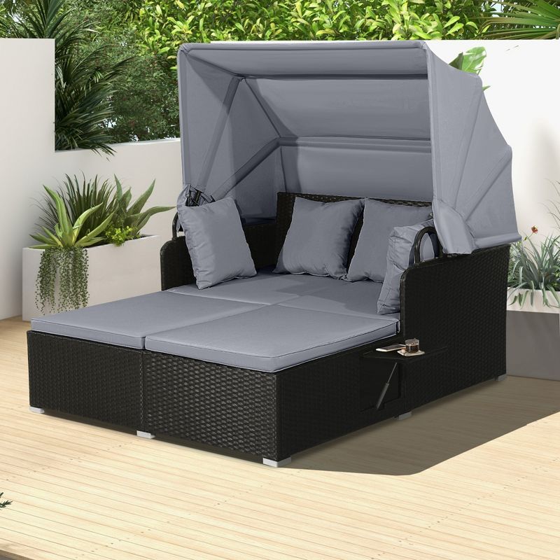 Costway Patio Rattan Daybed Lounge Retractable Top Canopy Side Tables Cushions, 4 of 10