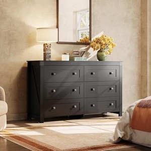 GALAXHERO Farmhouse 6 Drawer Wood Dresser, With Double Rustic Handles, TV Stand for 60" TV, Clothes Organizer for Bedroom & Living Room,Black - 1 of 1