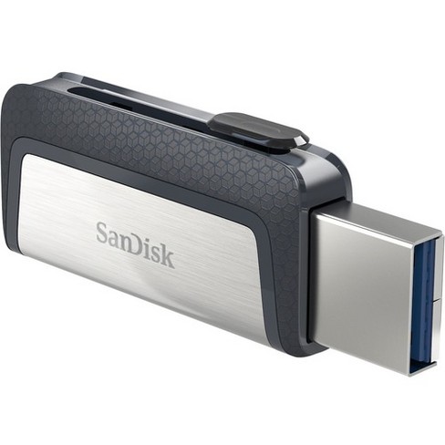 This SanDisk flash drive has USB-C and Lightning connectors for