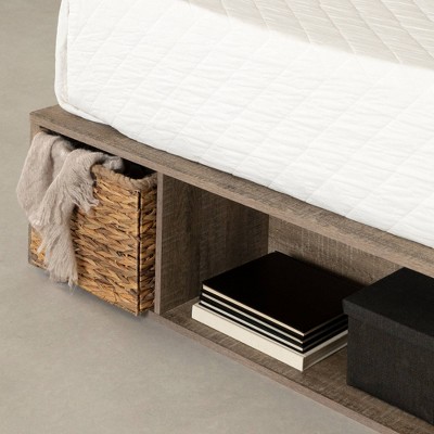 Weathered Oak Queen Storage Bed with Wicker Baskets