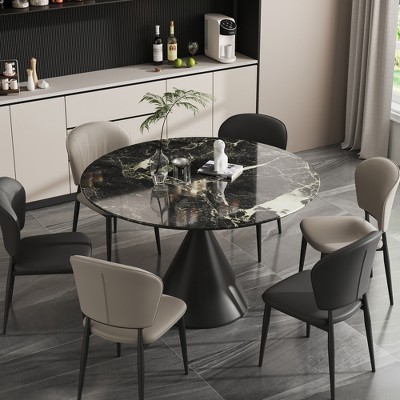 Versatile Dining Table with Marble-Pattern Stone Top & Steel Base