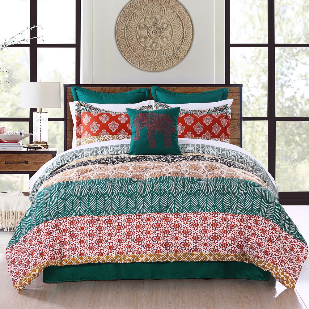 Photos - Duvet Full/Queen 7pc Bohemian Stripe Reversible Comforter Set Turquoise/Orange 