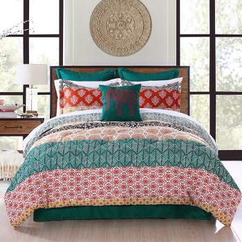 Bohemian Stripe Reversible Comforter Set Turquoise/Orange - Lush Décor