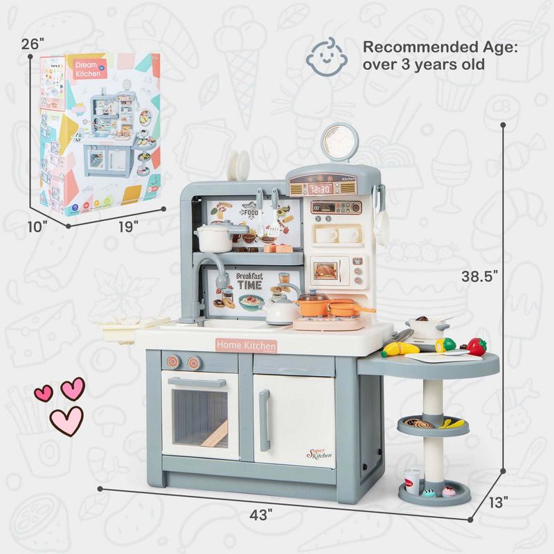 Costway Kids Pretend Kitchen Playset Role Play Kitchen Play Toy with Sink Oven Microwave Pink/Grey, 3 of 11