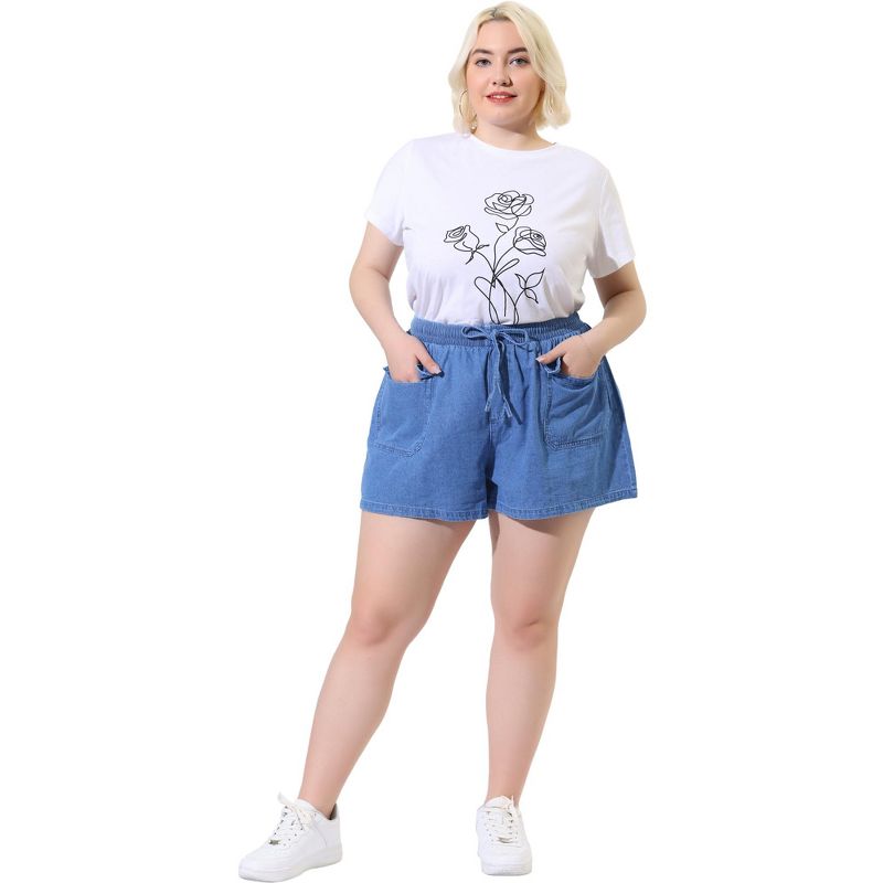 Agnes Orinda Plus Size Women Summer Denim Drawstring Elastic Waist Pockets Loose Jeans Short, 4 of 7