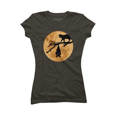 Junior's Design By Humans Halloween - Moon (The Cat and the Bat) By MonkeyStore T-Shirt