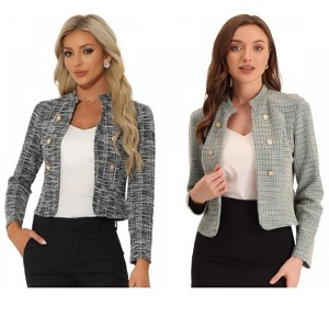 INSPIRE CHIC Women's Tweed Stand Collar Business Open Front Cropped Jacket 2 Packs - 1 of 4