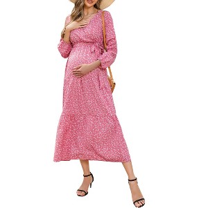 V-neck flared sleeve short sleeved long maternity dress - 1 of 1
