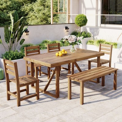 6-Piece Outdoor Dining Set, Dining Set with Dining Table and Armless Chairs and Bench, Dining Chairs with Acacia Wood Frame–Cuddlewood