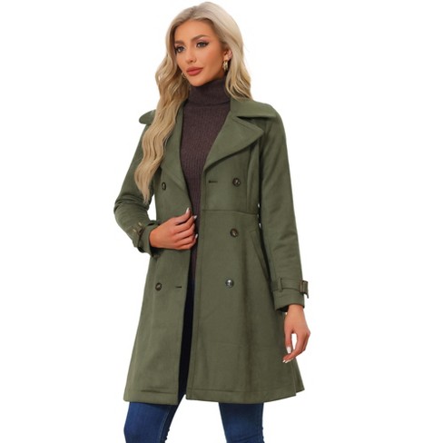 Allegra K Women s Faux Suede Notched Lapel Strap Cuff Solid Double Breasted Tie Belt Trench Coat Army Green Small Target