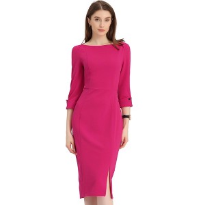 INSPIRE CHIC Women's Elegant Boat Neck 3/4 Sleeves Work Midi Split Sheath Dress - 1 of 4