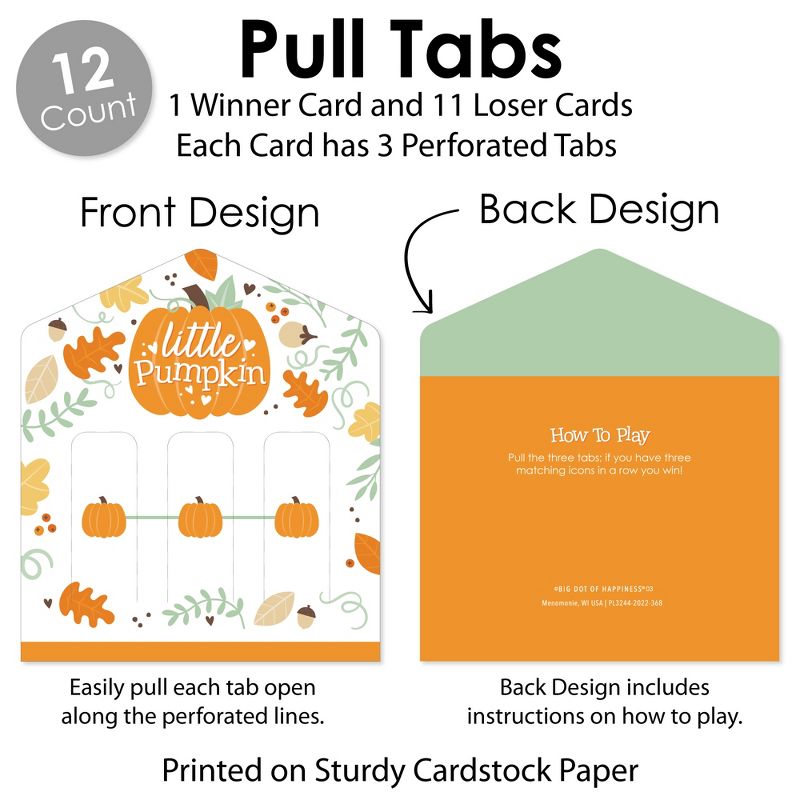 Big Dot of Happiness Little Pumpkin - Fall Birthday Party or Baby Shower Game Pickle Cards - Pull Tabs 3-in-a-Row - Set of 12, 5 of 7