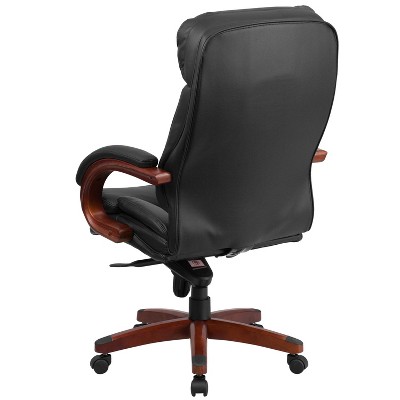 High Back Black Leather Executive Swivel Office Chair with Mahogany Wood Base
