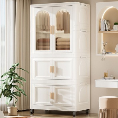 Okak Folding Wardrobe, 25.59" Closet with Wheels & Magnetic Door, Layered Storage Cabinet + 2 Folding Boxes & 10 Hangers for Apartments, Cream White