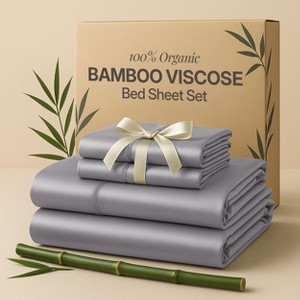 4 Piece Viscose from Bamboo Cooling sheets Ultra Soft 100% Organic Deep Pocket Luxury Bed Sheets with Pillowcases - Lux Decor Collection - 1 of 4