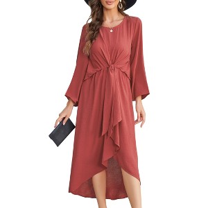 Womens Knot Waist Round Neck Long Sleeve Midi Dress Vintage Semi Formal Dresses for Wedding Guest Cocktail - 1 of 4