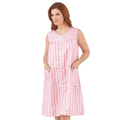 Collections Etc Half-Zip Front Sleeveless Pocket Dress with Checkered Pattern Design, Comfortable Loungewear for Around the House