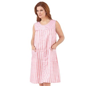 Collections Etc Half-Zip Front Sleeveless Pocket Dress with Checkered Pattern Design, Comfortable Loungewear for Around the House - 1 of 4