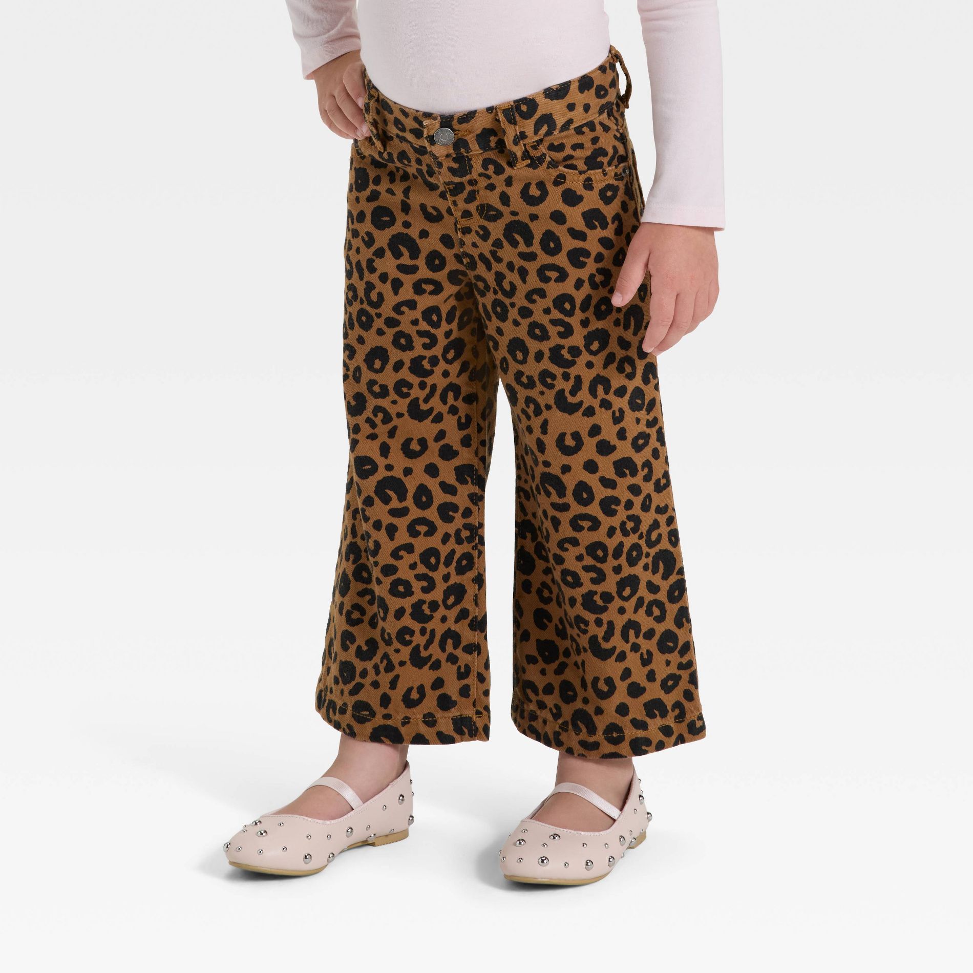 Toddler Girls' Animal Print Wide Leg Denim Pants - Cat & Jack™ Beige 4T
