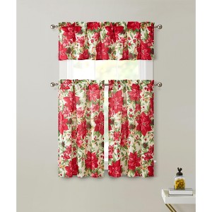 Kate Aurora Christmas Ribbon Complete Semi Sheer Kitchen Curtain Tier & Valance Set - 1 of 3