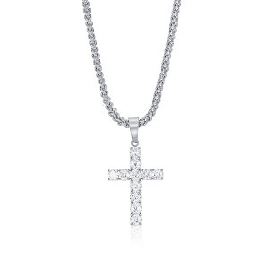 Metallo Stainless Steel, Round CZ Cross Necklace - Silver - 24 Inch - 1 of 4