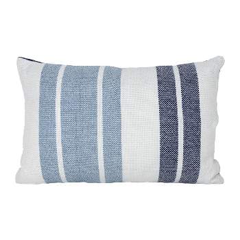 14X22 Inch Hand Woven Blue, White & Navy Striped Outdoor Pillow Polyester With Polyester Fill by Foreside Home & Garden