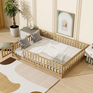 Queen Size Floor Bed for Kids, Safe Montessori Bed with Fence and Door, Low Profile Platform Bed with Guardrails, Wood Frame Bed-Baofuwish - 1 of 4