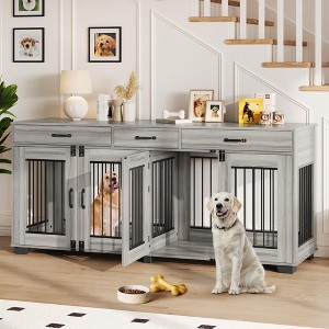 71 Inch Dog Crate Furniture for 2 Rooms, Wooden Double Crate Large Breed with Door, Dog Kennel Indoor - 1 of 4