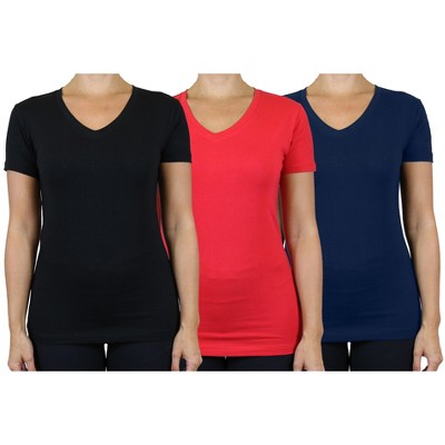 Blu Rock Women's Loose Fit  Short Sleeve V-Neck Cotton Stretch Tees-3 Pack
