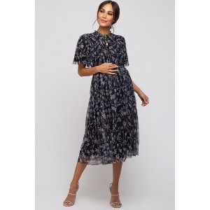 Pinkblush Black Floral Smocked Mesh Knit Maternity Midi Dress - 1 of 4