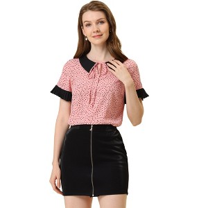 Allegra K Women's Contrast Doll Collar Polka Dots Short Sleeves Blouse - 1 of 4