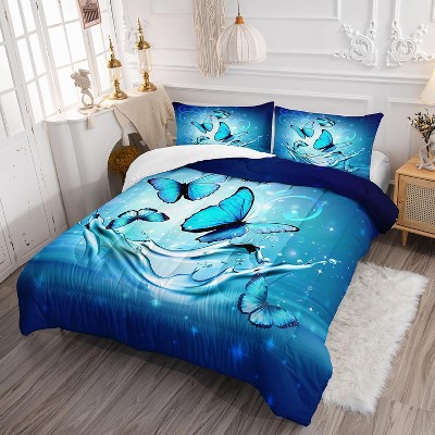 Acoinel 3 Pcs Butterfly and Moon Lightwight Ultra Soft Comforter Set with 2 Pillowcases, TWIN, Blue