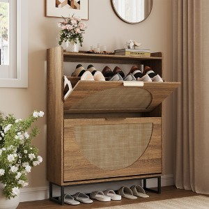 Large Rattan Shoe Storage Cabinet with Flip Drawers - 1 of 4