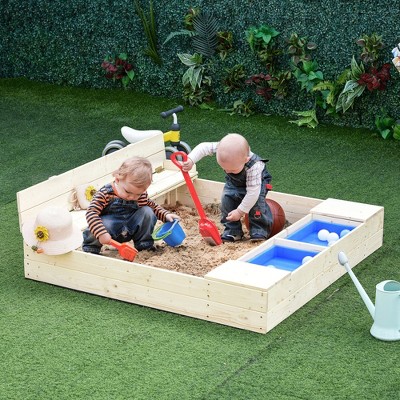 VYNXARIA Kids Wooden Sandbox w/ Two Plastic Boxes Foldable Bench Seat Waterproof Cover Bottom Liner Storage Space
