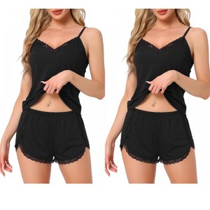 INSPIRE CHIC Women's 2 Pcs Ribbed Knit Lace-Trim V-Neck Cami Top with Shorts Sleeveless Pajama Sets - 1 of 4