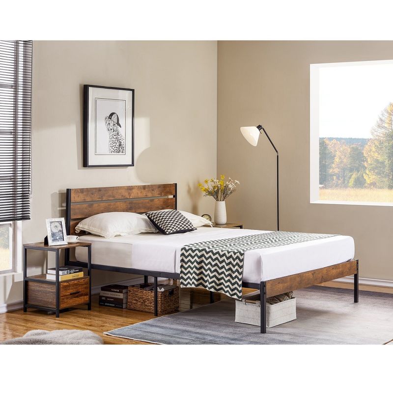 VECELO Platform Bed Frame with Rustic Vintage Wood Headboard and Footboard, Sturdy Metal Slats, No Box Spring Required, 3 of 11