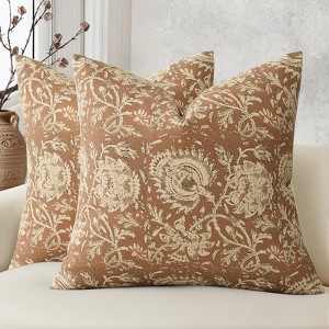 Vintage Floral Print Throw Pillow Covers 18x18 Set of 2 Neutral Modern Farmhouse Pillowcases, Cognac - 1 of 3