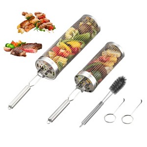 iMountek"2-Pack Stainless Steel BBQ Rolling Grill Baskets with Handles, Hooks & Cleaning Brush for Grilling"silver - 1 of 4