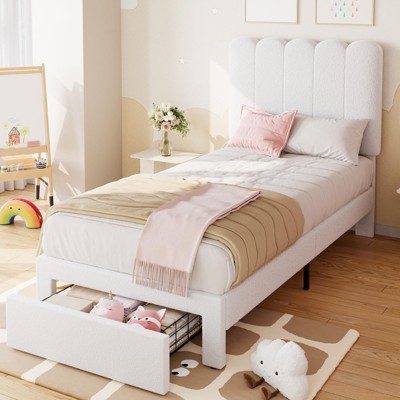 Homhougo Twin Bed Frame with Under-Bed Drawer, White Boucle Upholstered Platform Bed Beige