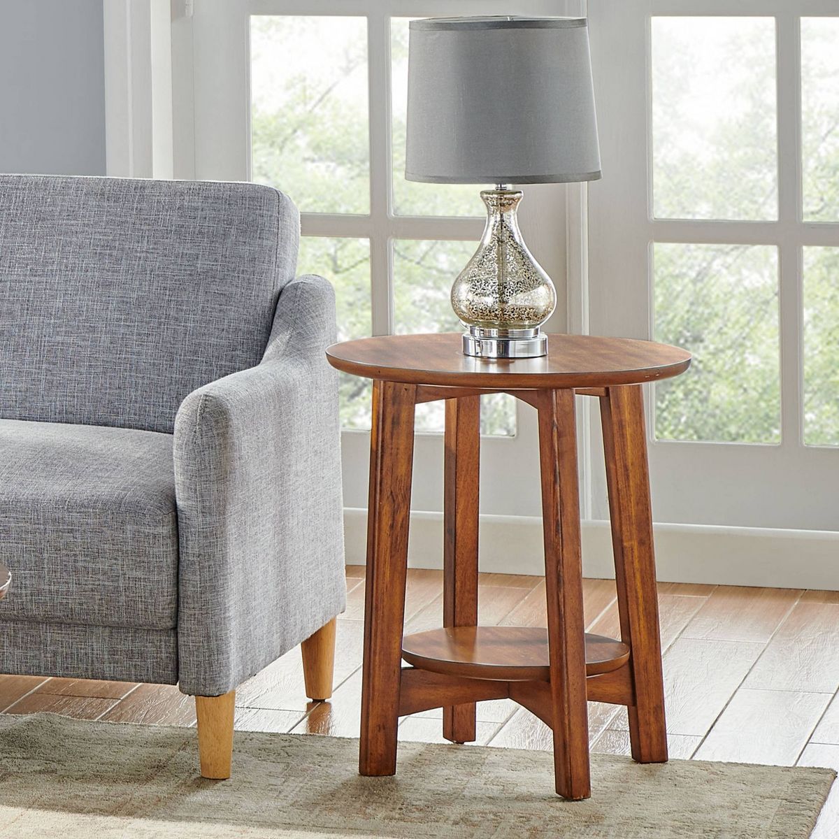 Monterey Round Mid Century Modern Wood End Table Chestnut - Alaterre Furniture: Tapered Legs, Floating Shelf - thumbnail 6