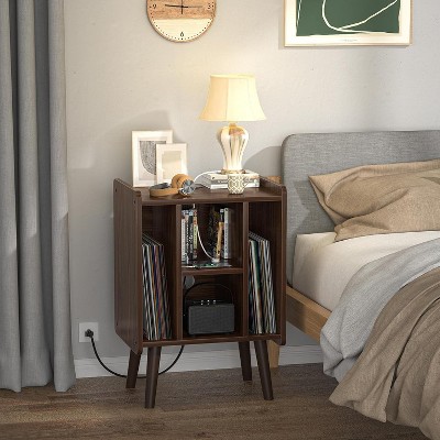 Aheaplus Record Player Stand with Power Outlet, Vinyl Stand with 4 Storage Compartments
